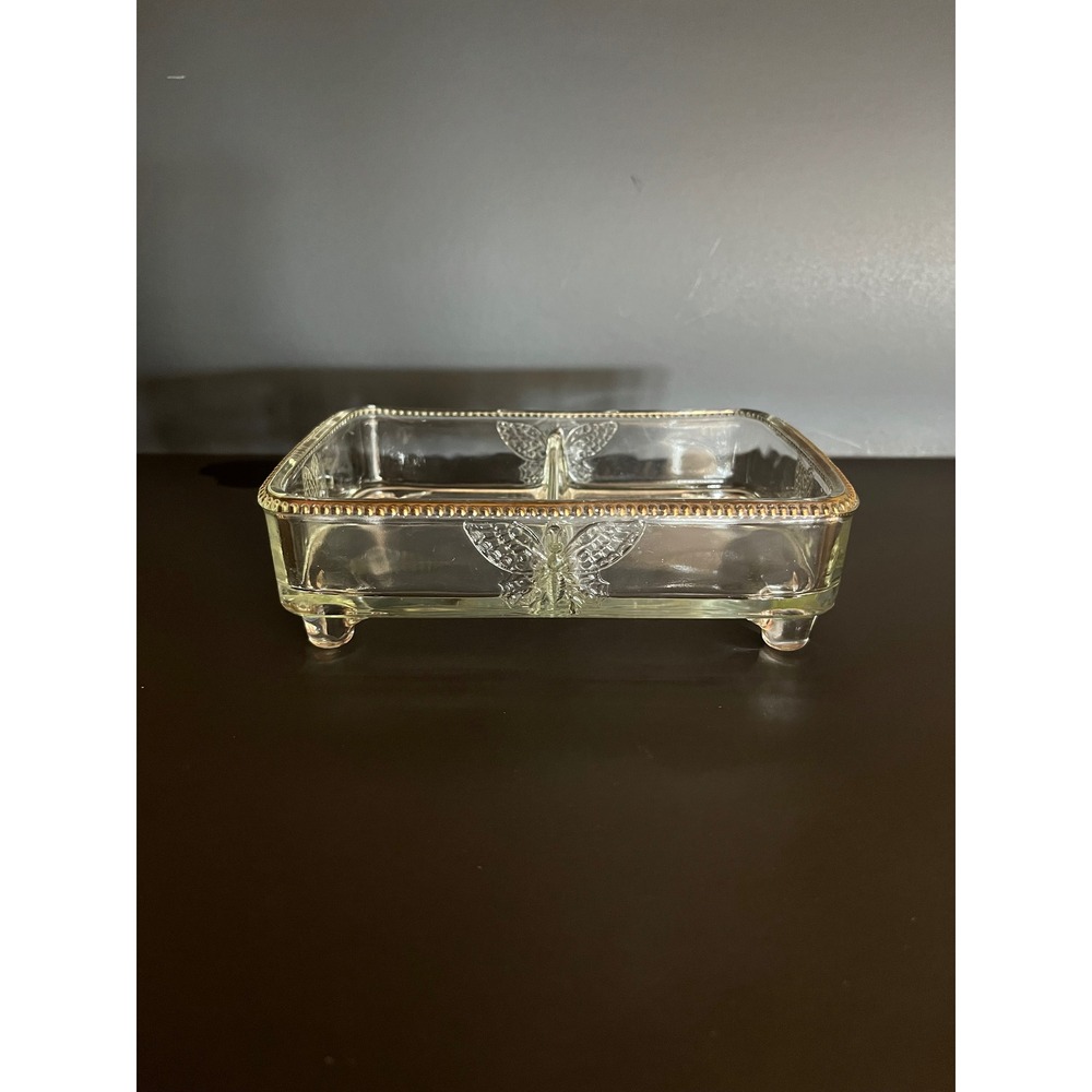 Clear Glass Divided Butter Dish with Gold Trim